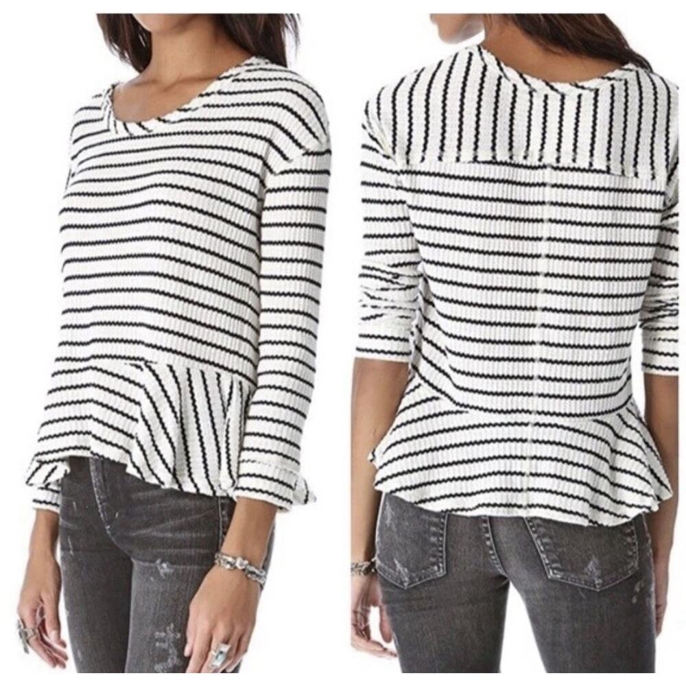 We The Free Auntie Em Thermal Top S/P Black White Boxy Peplum Raw Edge Coastal
